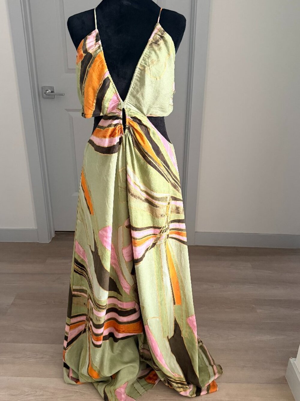 Banana Republic Olive Green Maxi Dress with Pink & Orange Abstract Stripes